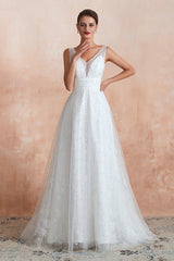 White V-Neck A-Line Wedding Dress with Lace Appliques and Pearls