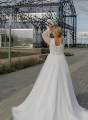 White V-Neck A-Line Wedding Dress with Long Sleeves Back View