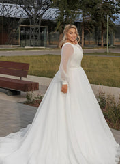 White V-Neck A-Line Wedding Dress with Long Sleeves Side View
