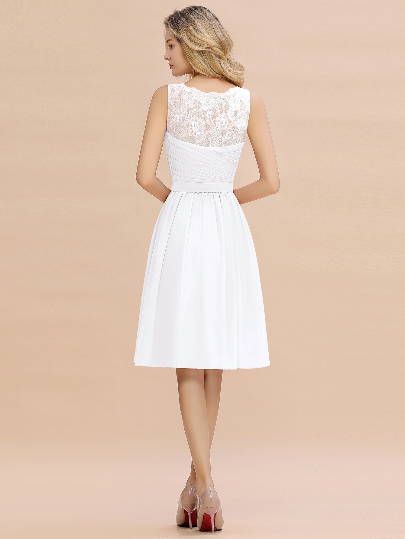 White V-Neck Chiffon A-Line Bridesmaid Dress with Lace Appliques Back View