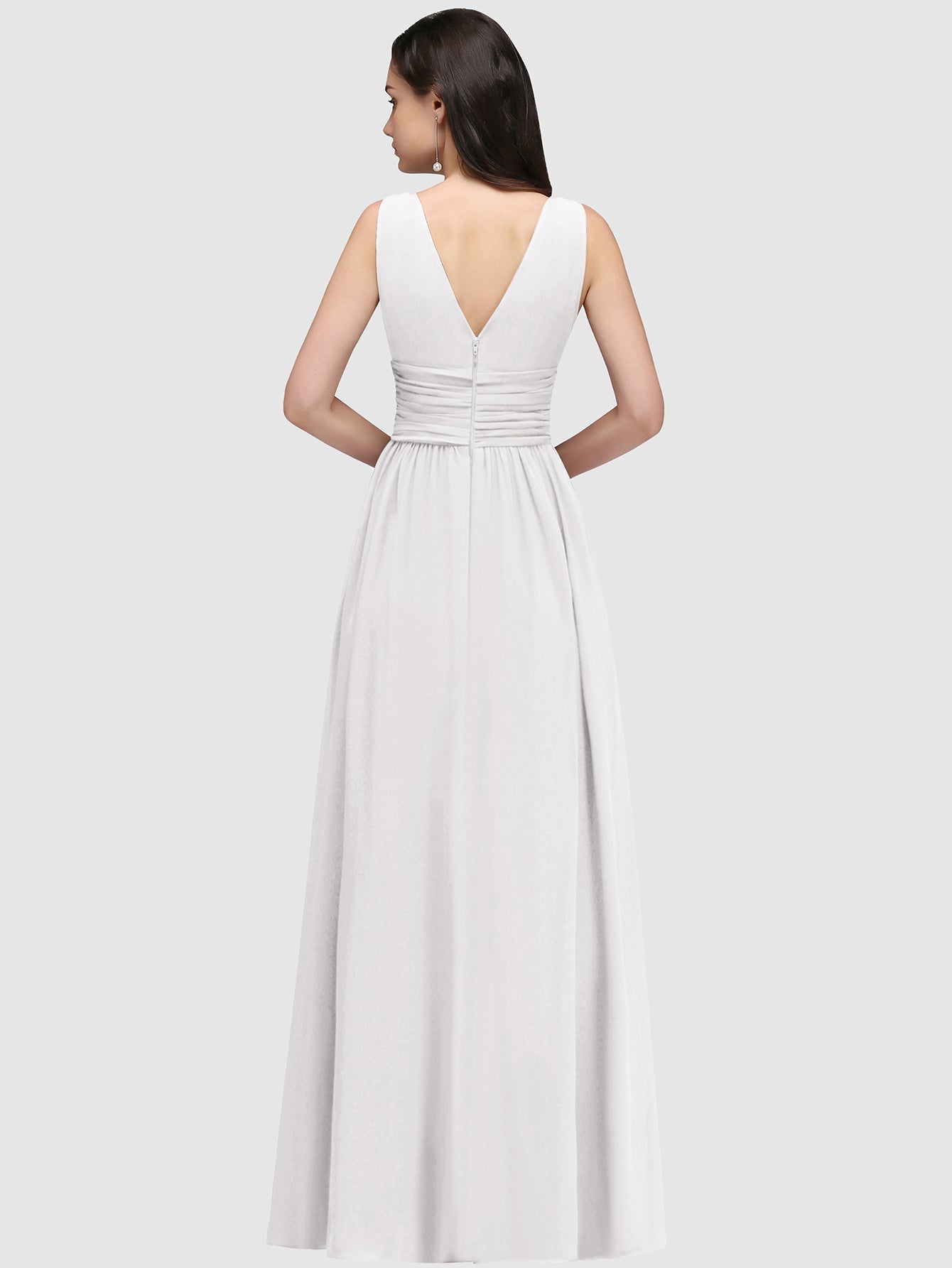 White V-Neck Chiffon A-Line Long Bridesmaid Dress Back View