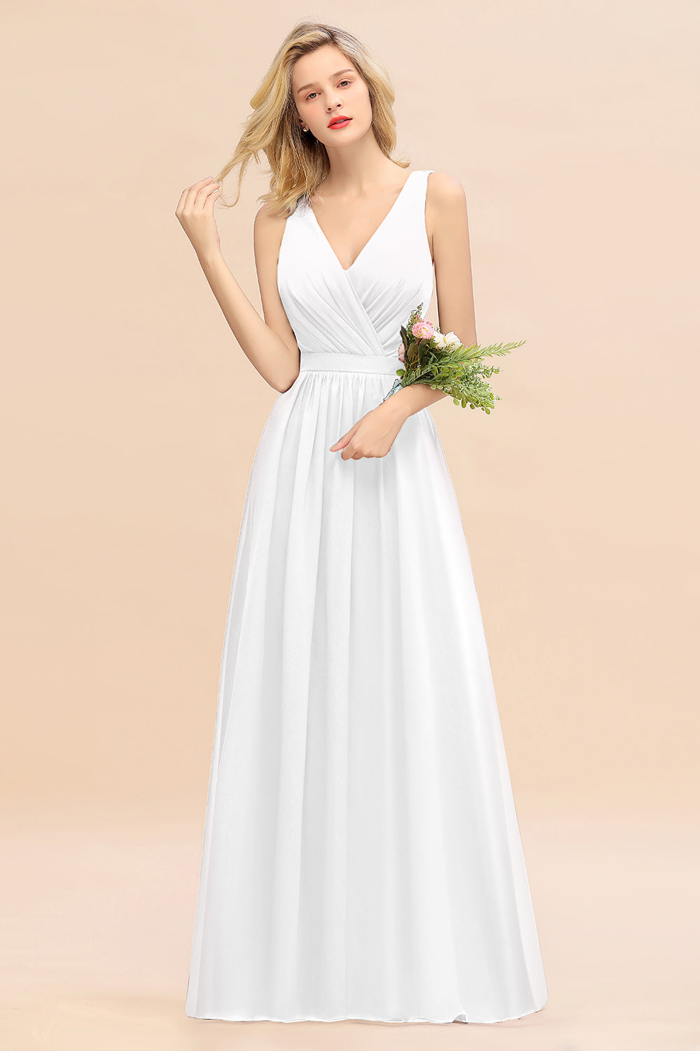 White V-Neck Chiffon A-Line Long Bridesmaid Dress with Ruching