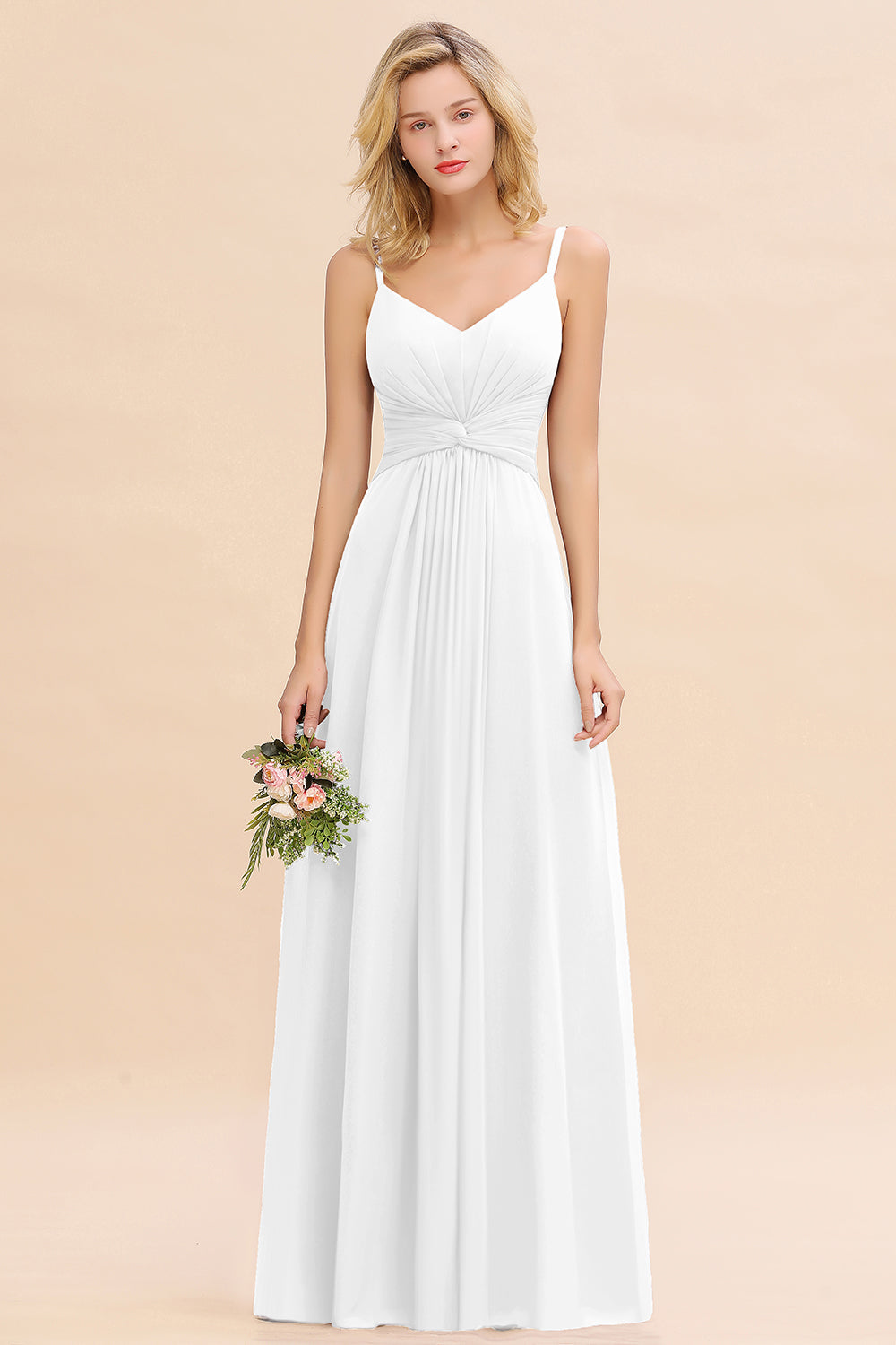 White V-Neck Chiffon A-Line Long Bridesmaid Dress with Ruching