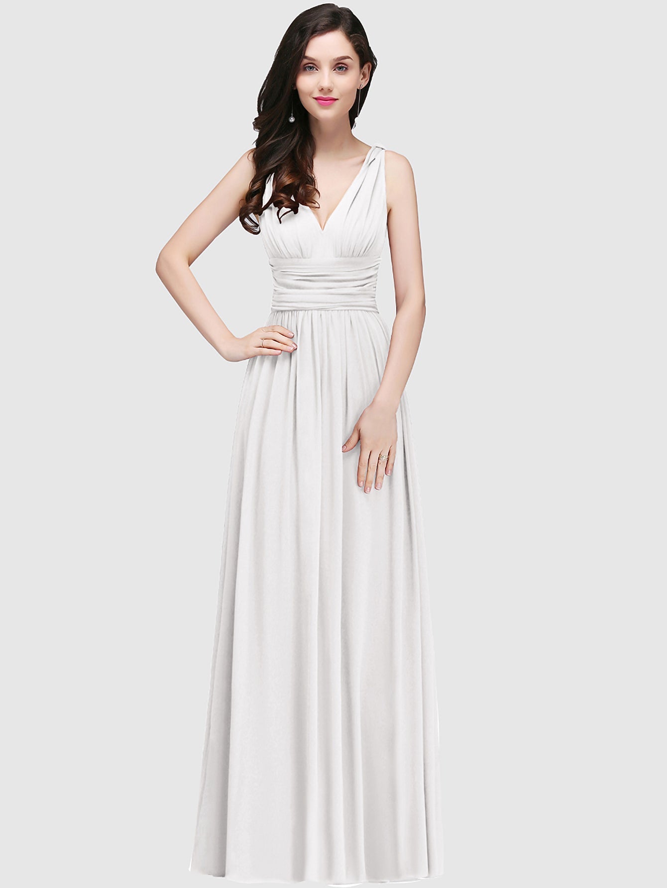 White V-Neck Chiffon A-Line Long Bridesmaid Dress