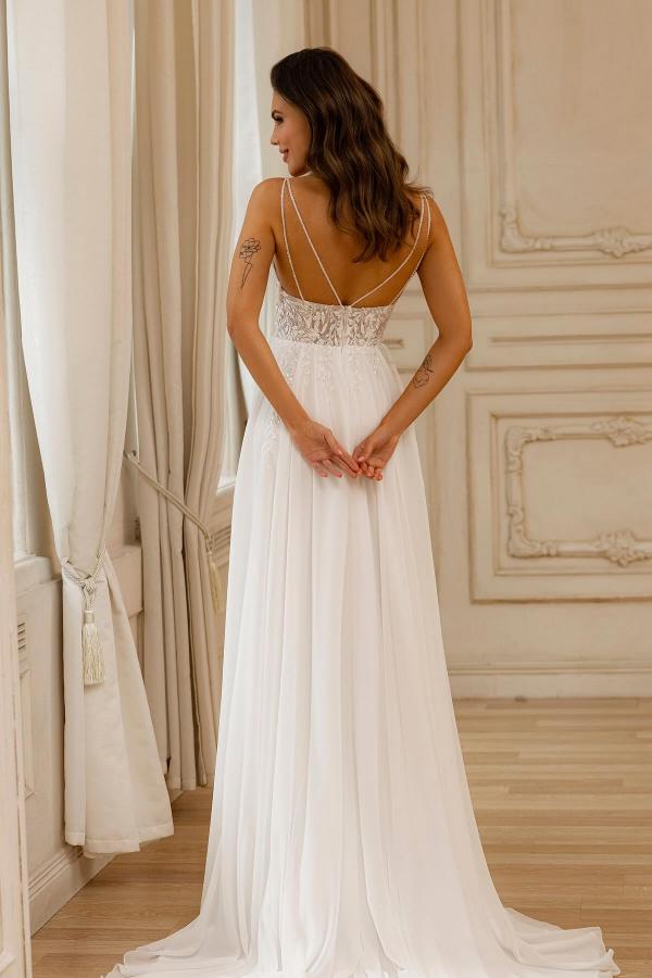 White V-Neck Chiffon A-Line Sweep Train Wedding Dress with Lace Appliques Back View