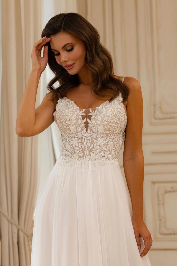 White V-Neck Chiffon A-Line Sweep Train Wedding Dress with Lace Appliques Bodice Detail