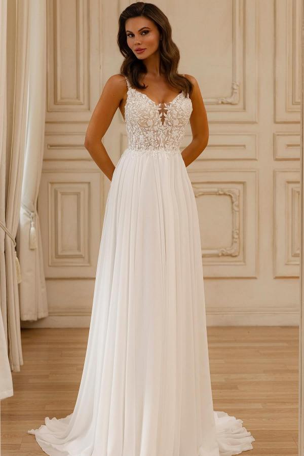 White V-Neck Chiffon A-Line Sweep Train Wedding Dress with Lace Appliques