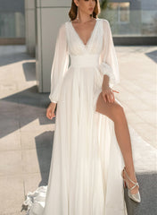White V-Neck Chiffon A-Line Wedding Dress with Long Sleeves and Slit