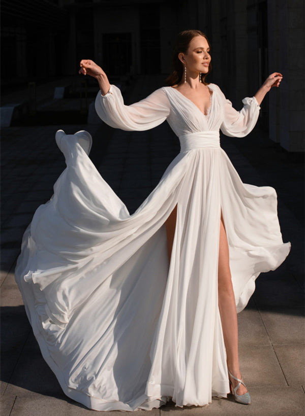 White V-Neck Chiffon A-Line Wedding Dress with Long Sleeves and Slit