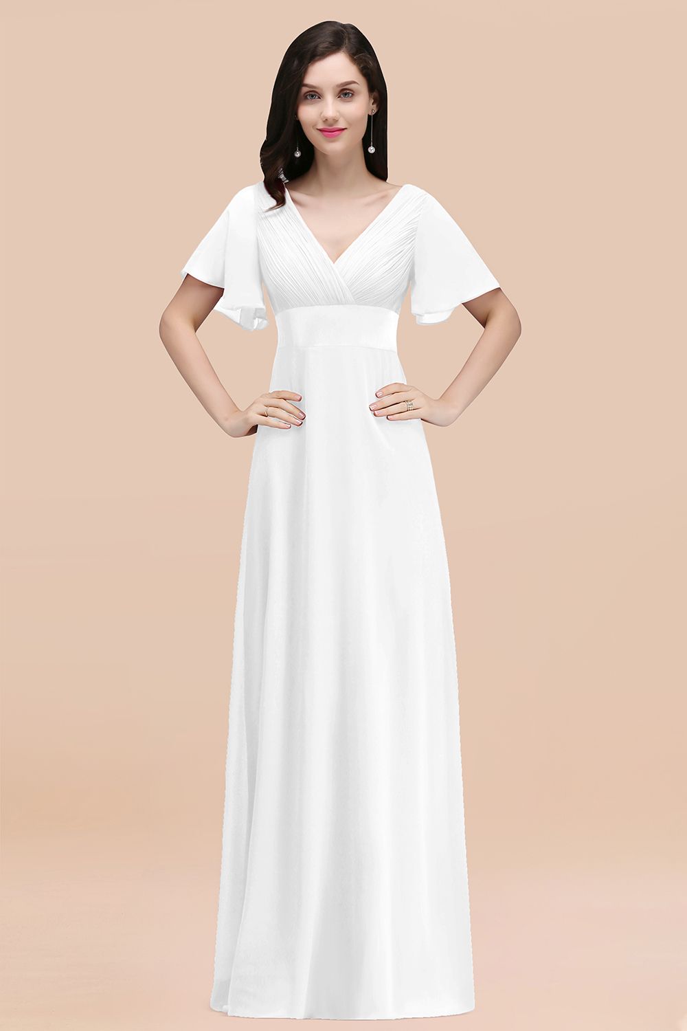 White V-Neck Chiffon Empire Long Bridesmaid Dress with Pleats