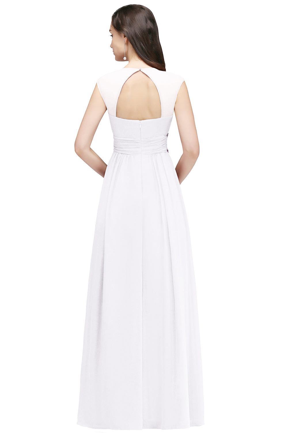 White V-Neck Chiffon Empire Long Bridesmaid Dress with Rhinestones Back View