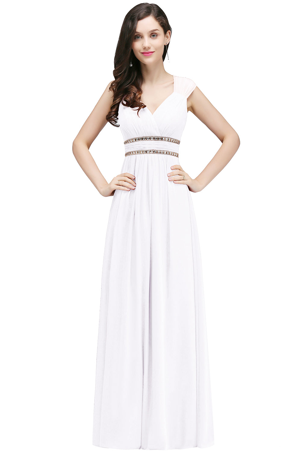 White V-Neck Chiffon Empire Long Bridesmaid Dress with Rhinestones