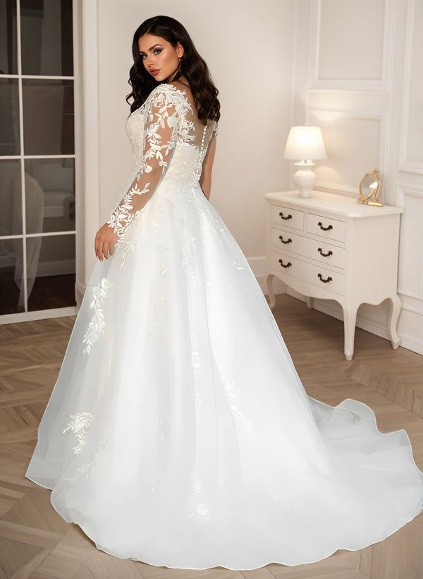 White V-Neck Tulle A-Line Sweep Train Wedding Dress with Lace Appliques and Long Sleeves Back View