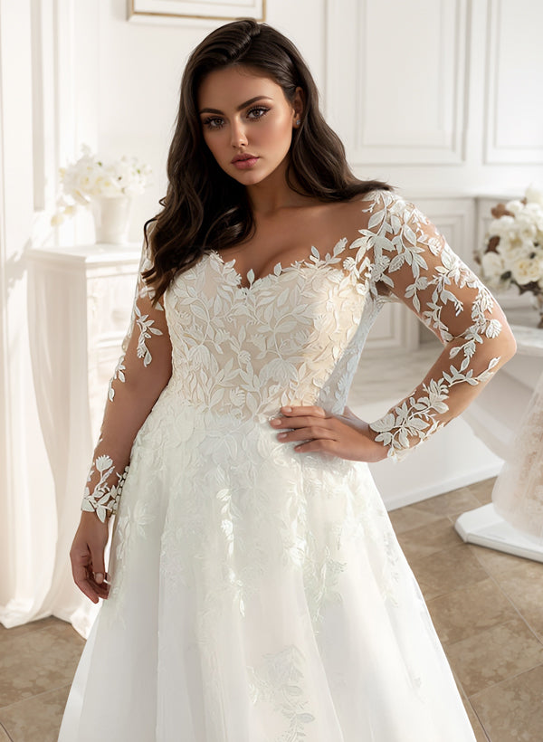 White V-Neck Tulle A-Line Sweep Train Wedding Dress with Lace Appliques and Long Sleeves Bodice Detail