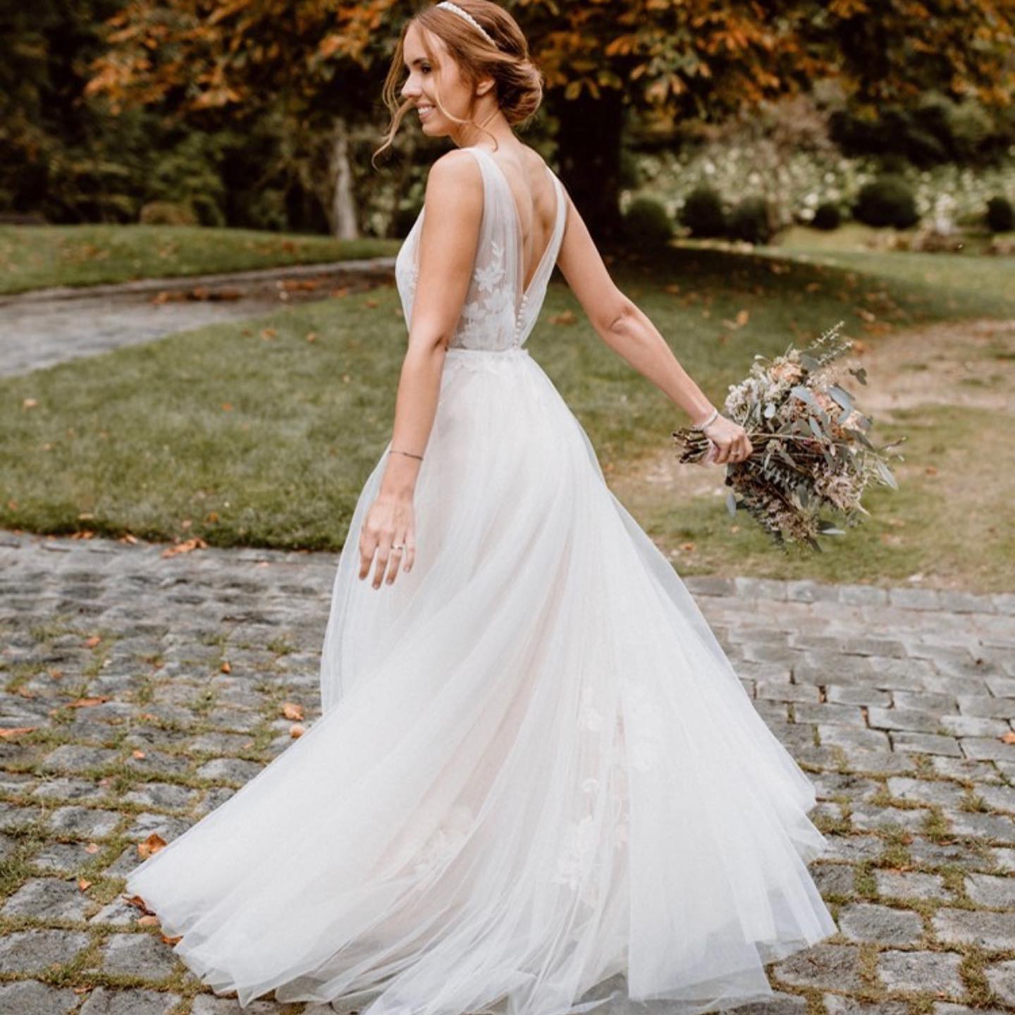White V-Neck Tulle A-Line Wedding Dress with Lace Appliques Back View
