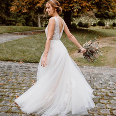 White V-Neck Tulle A-Line Wedding Dress with Lace Appliques Back View