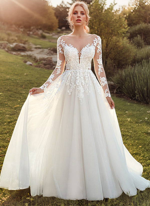 White V-Neck Tulle A-Line Wedding Dress with Lace Appliques and Long Sleeves