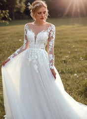 White V-Neck Tulle A-Line Wedding Dress with Lace Appliques and Long Sleeves