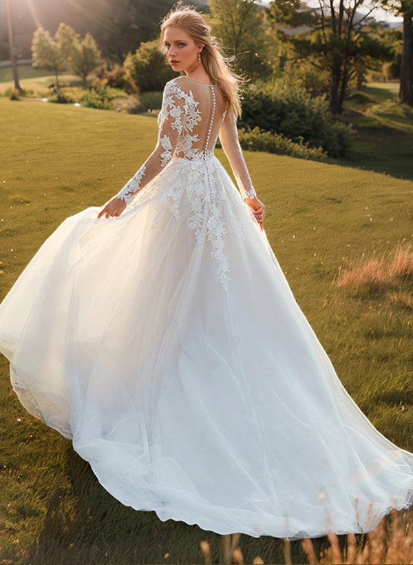 White V-Neck Tulle A-Line Wedding Dress with Lace Appliques and Long Sleeves Back View