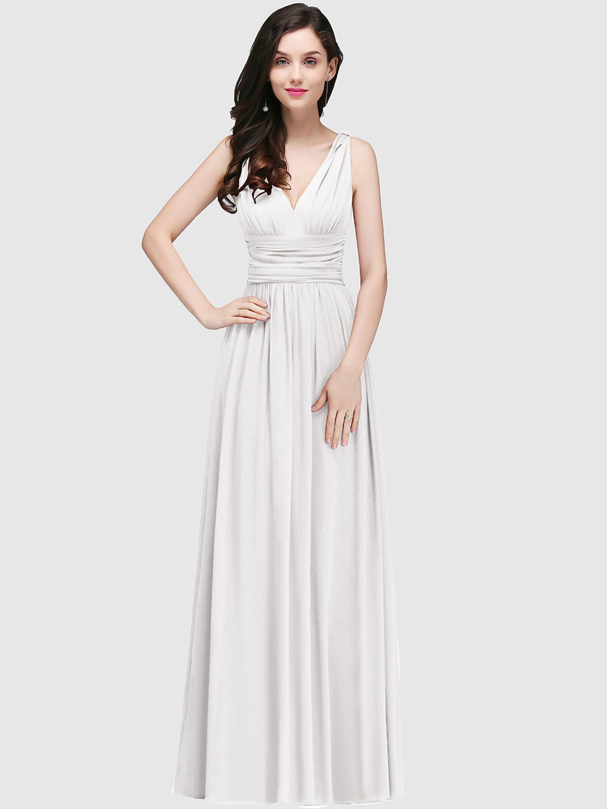 Long Chiffon V Neck Off The Shoulder Ruffle Floor Length Bridesmaid Dress