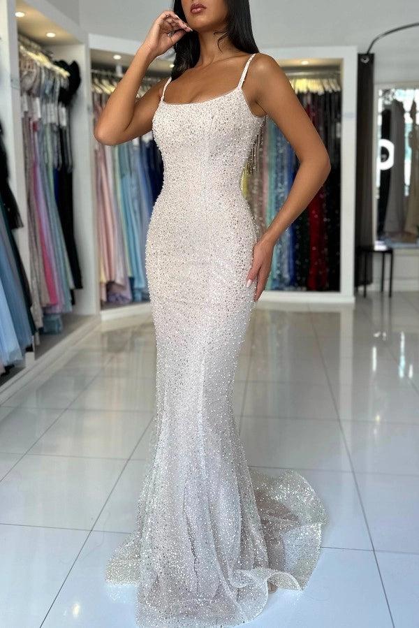 Biztuunel White Sequined Spaghetti-Strap Mermaid Evening Dress