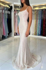 Biztuunel White Sequined Spaghetti-Strap Mermaid Evening Dress