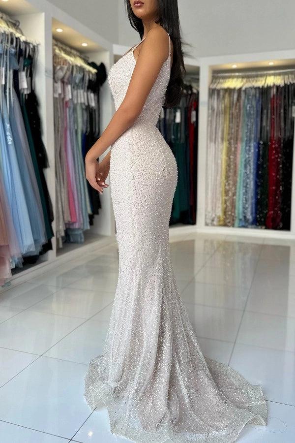 Biztuunel White Sequined Spaghetti-Strap Mermaid Evening Dress