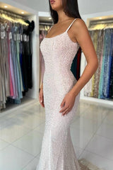 Biztuunel White Sequined Spaghetti-Strap Mermaid Evening Dress