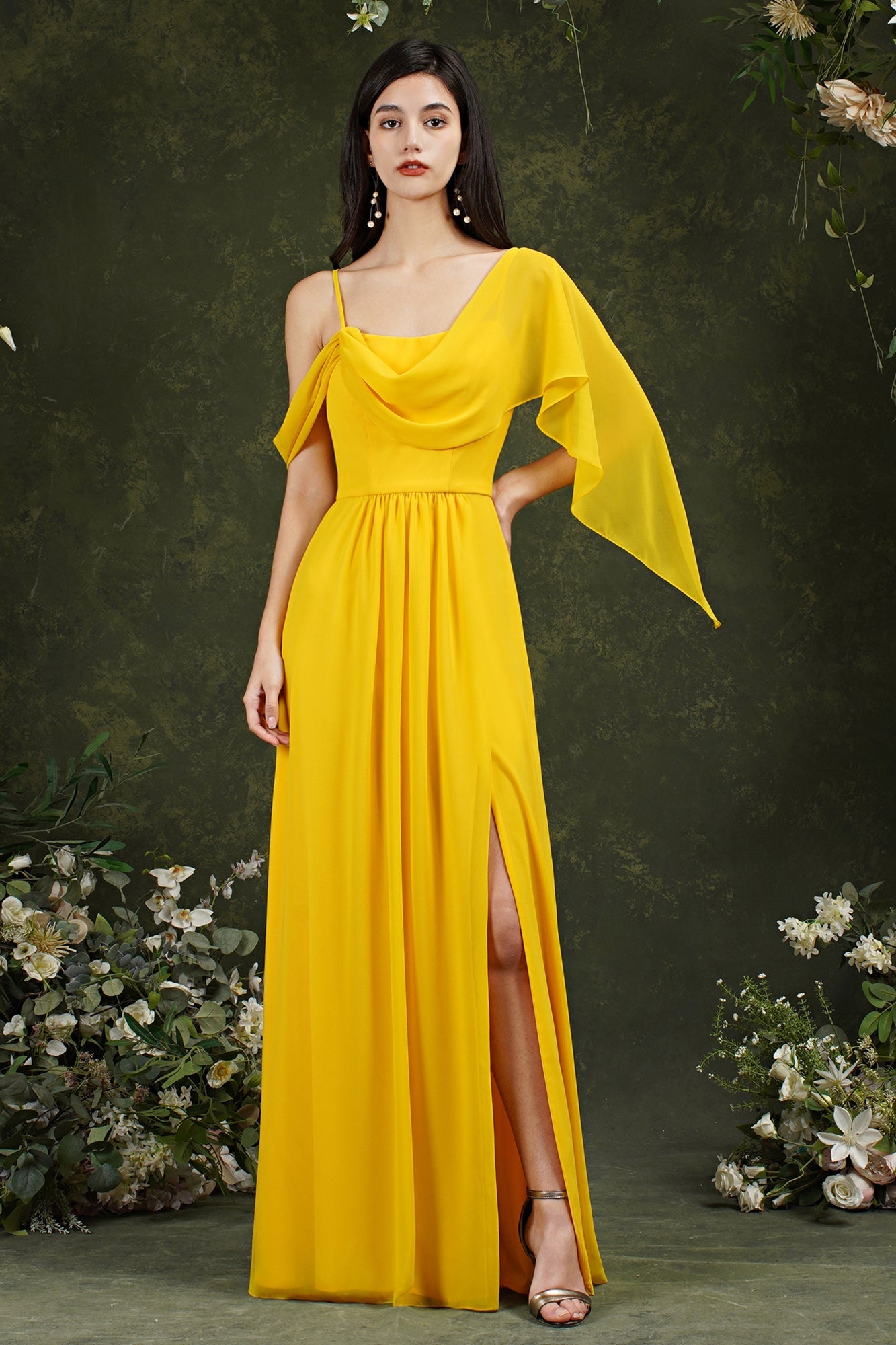 Yellow Cowl Neck Chiffon A-Line Long Bridesmaid Dress with Slit