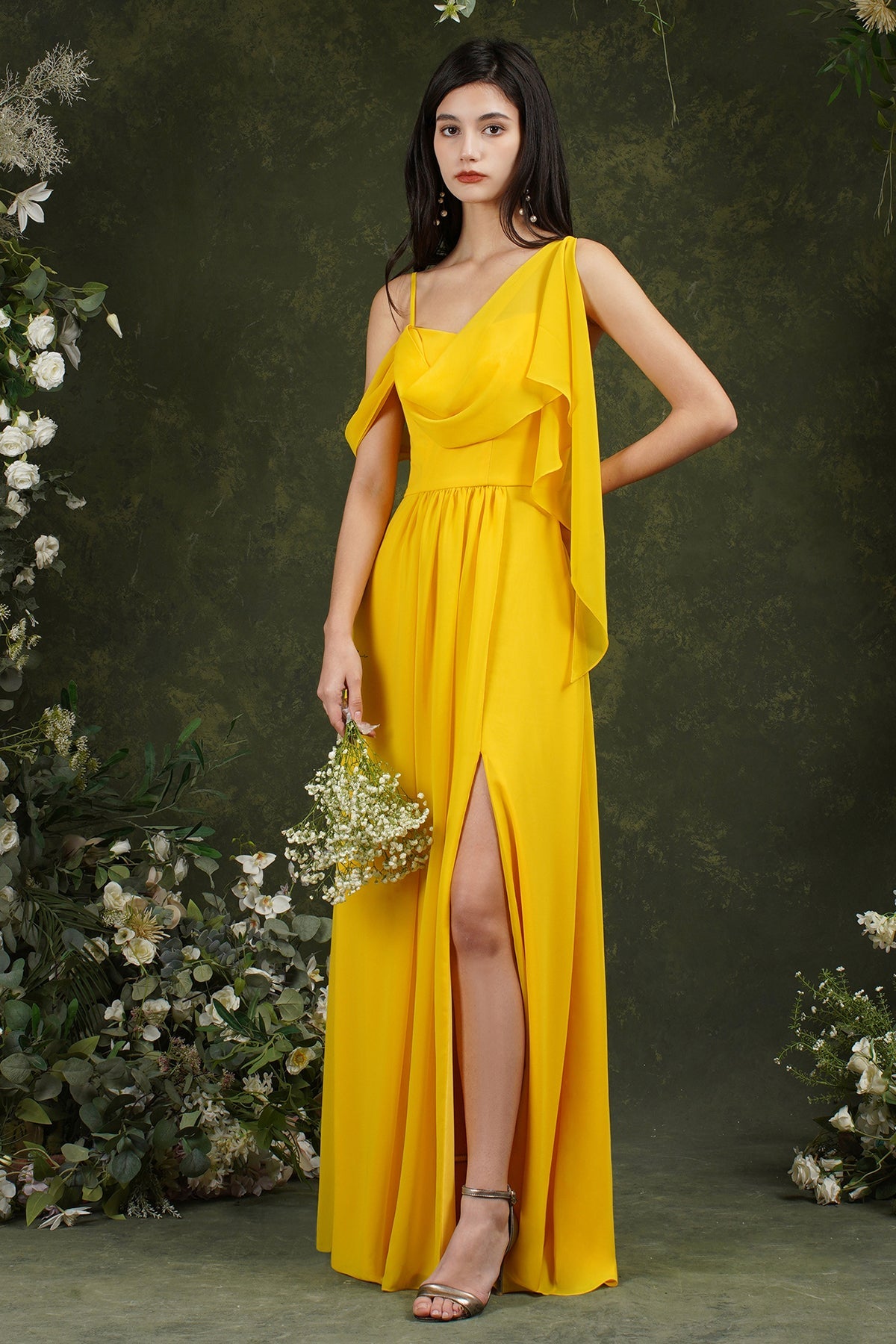 Yellow Cowl Neck Chiffon A-Line Long Bridesmaid Dress with Slit