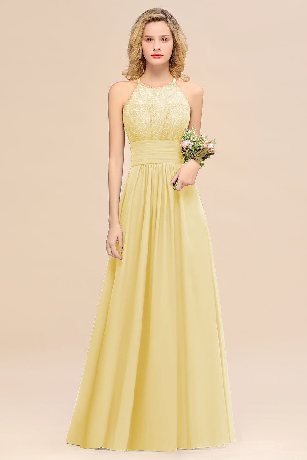 Yellow Halter Chiffon A-Line Long Bridesmaid Dress