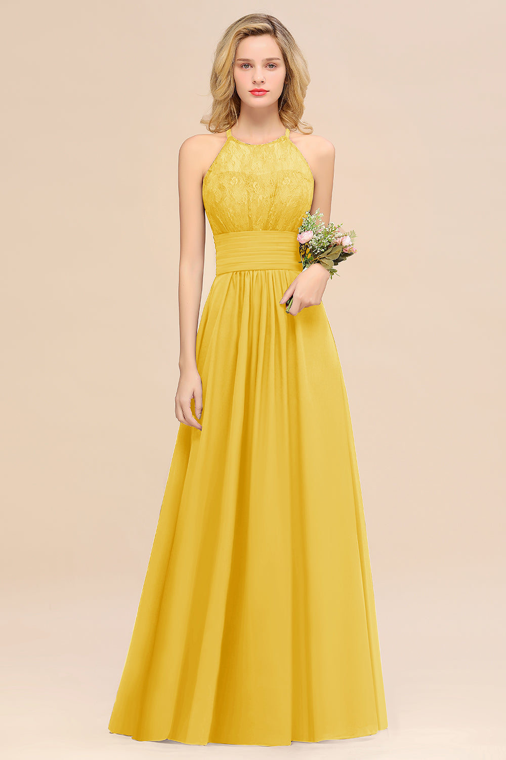 Yellow Halter Chiffon A-Line Long Bridesmaid Dress