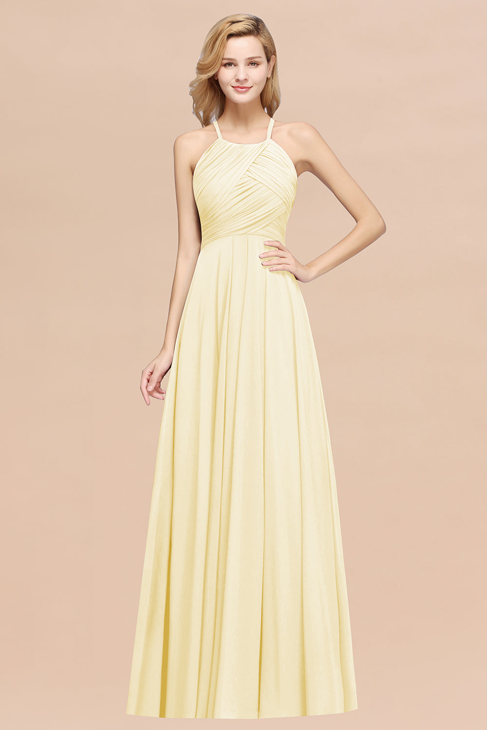 Yellow Halter Chiffon A-Line Long Bridesmaid Dress with Ruching