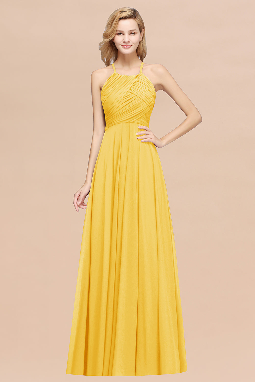 Yellow Halter Chiffon A-Line Long Bridesmaid Dress with Ruching