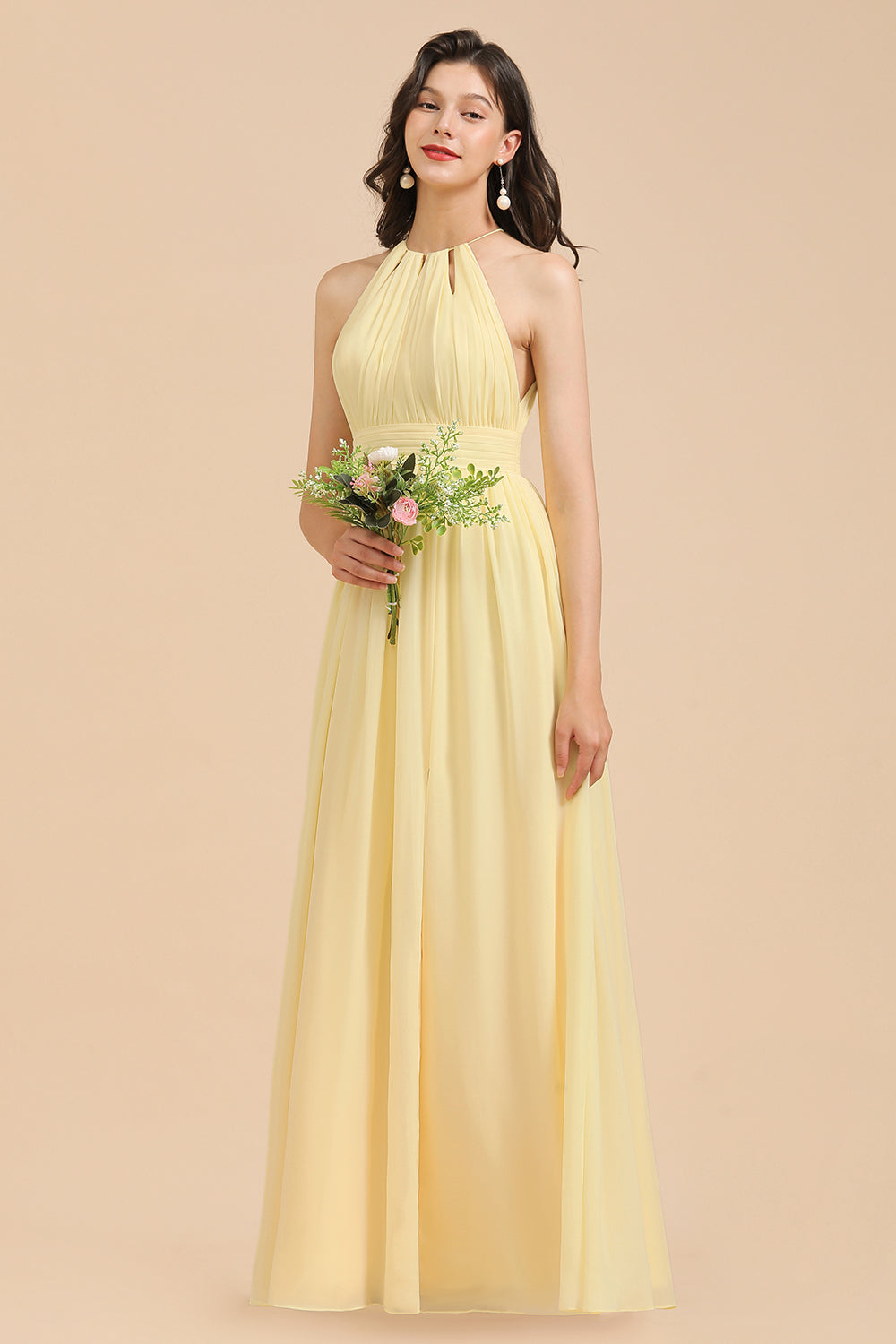 Yellow Halter Chiffon A-Line Long Bridesmaid Dress with Slit