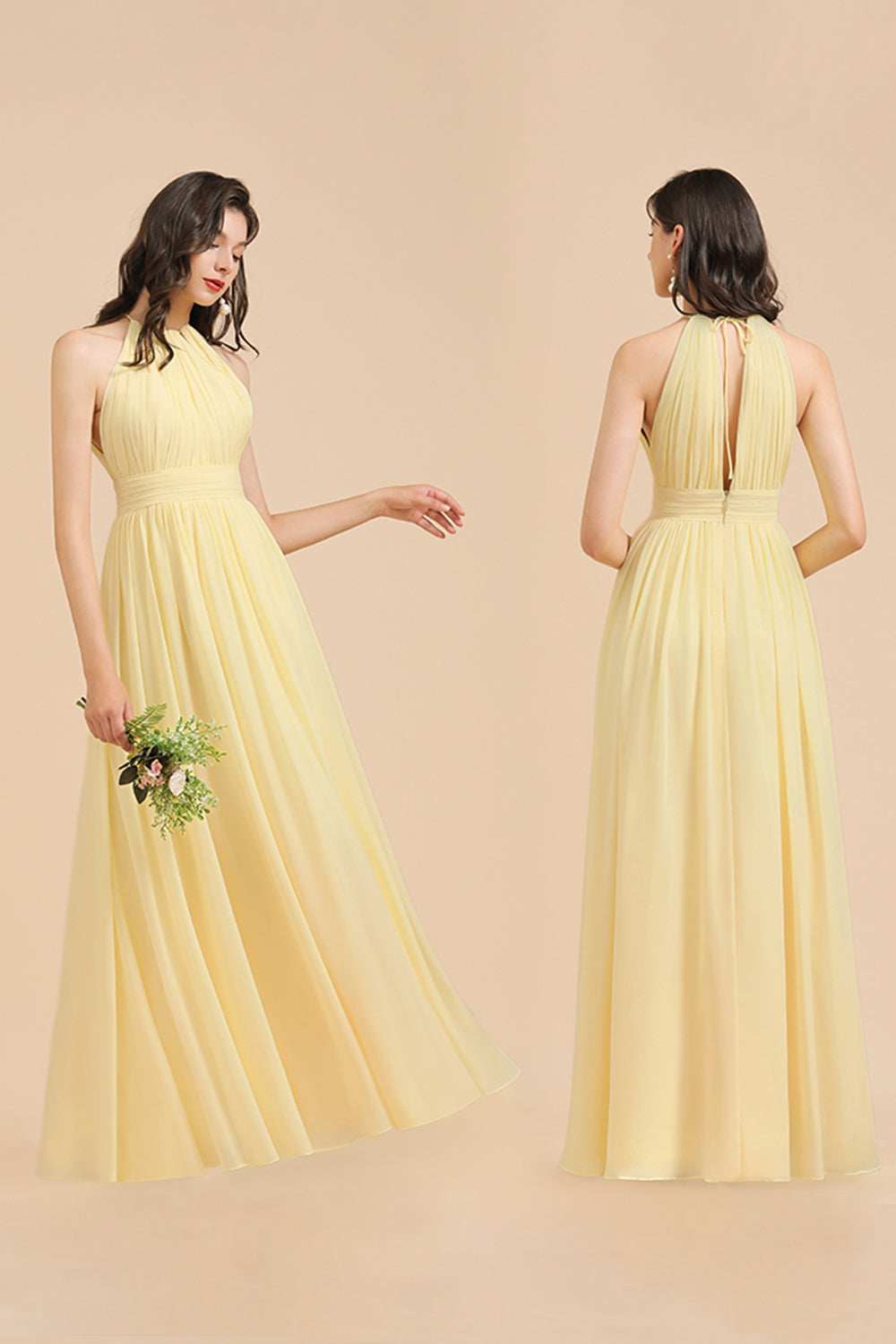 Yellow Halter Chiffon A-Line Long Bridesmaid Dress with Slit