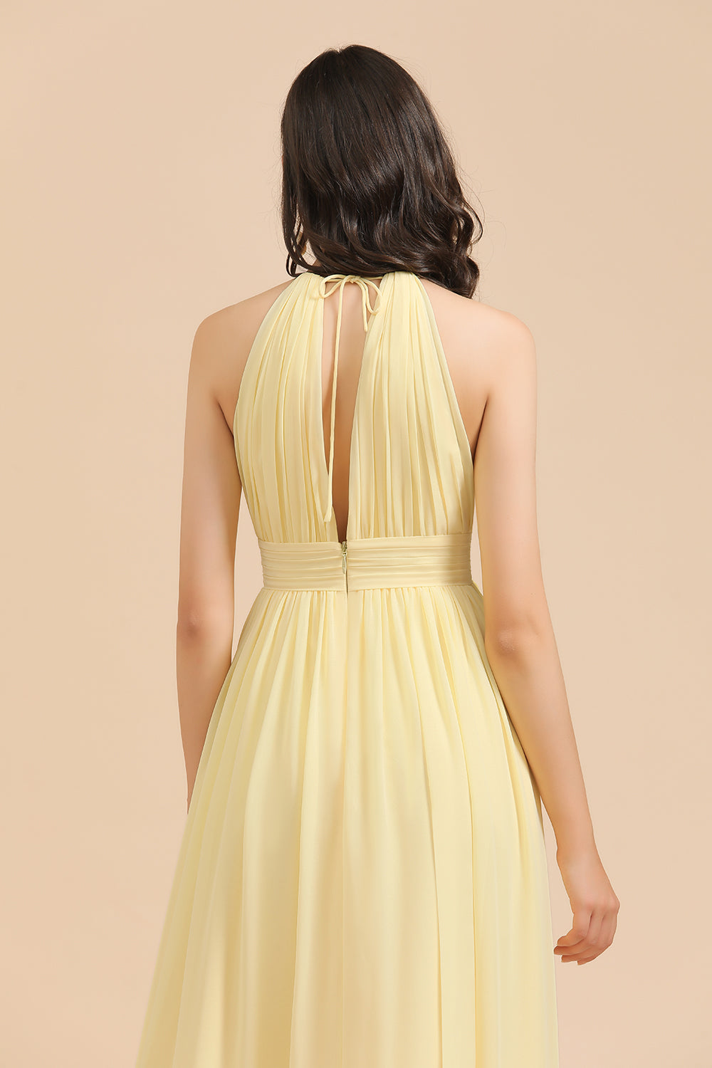 Yellow Halter Chiffon A-Line Long Bridesmaid Dress with Slit Back Detail