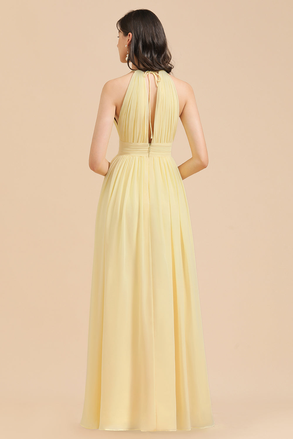 Yellow Halter Chiffon A-Line Long Bridesmaid Dress with Slit Back View