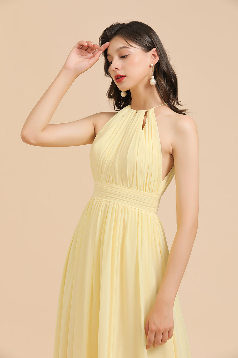 Yellow Halter Chiffon A-Line Long Bridesmaid Dress with Slit Bodice Detail