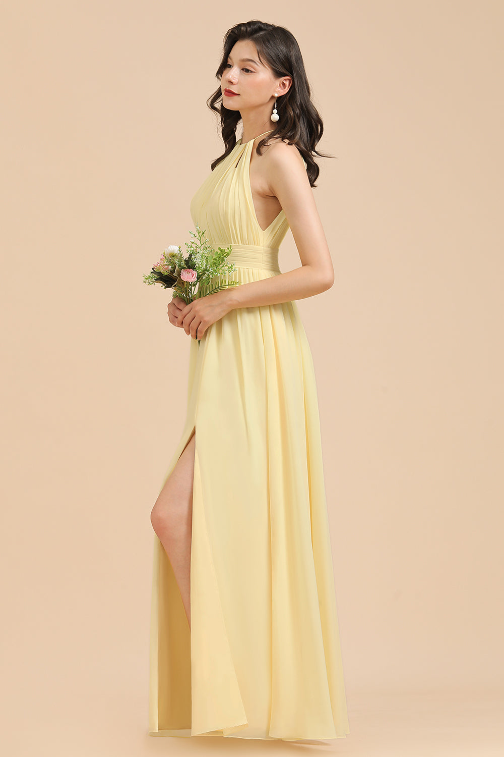 Yellow Halter Chiffon A-Line Long Bridesmaid Dress with Slit Side View