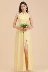 Yellow Halter Chiffon A-Line Long Bridesmaid Dress with Slit