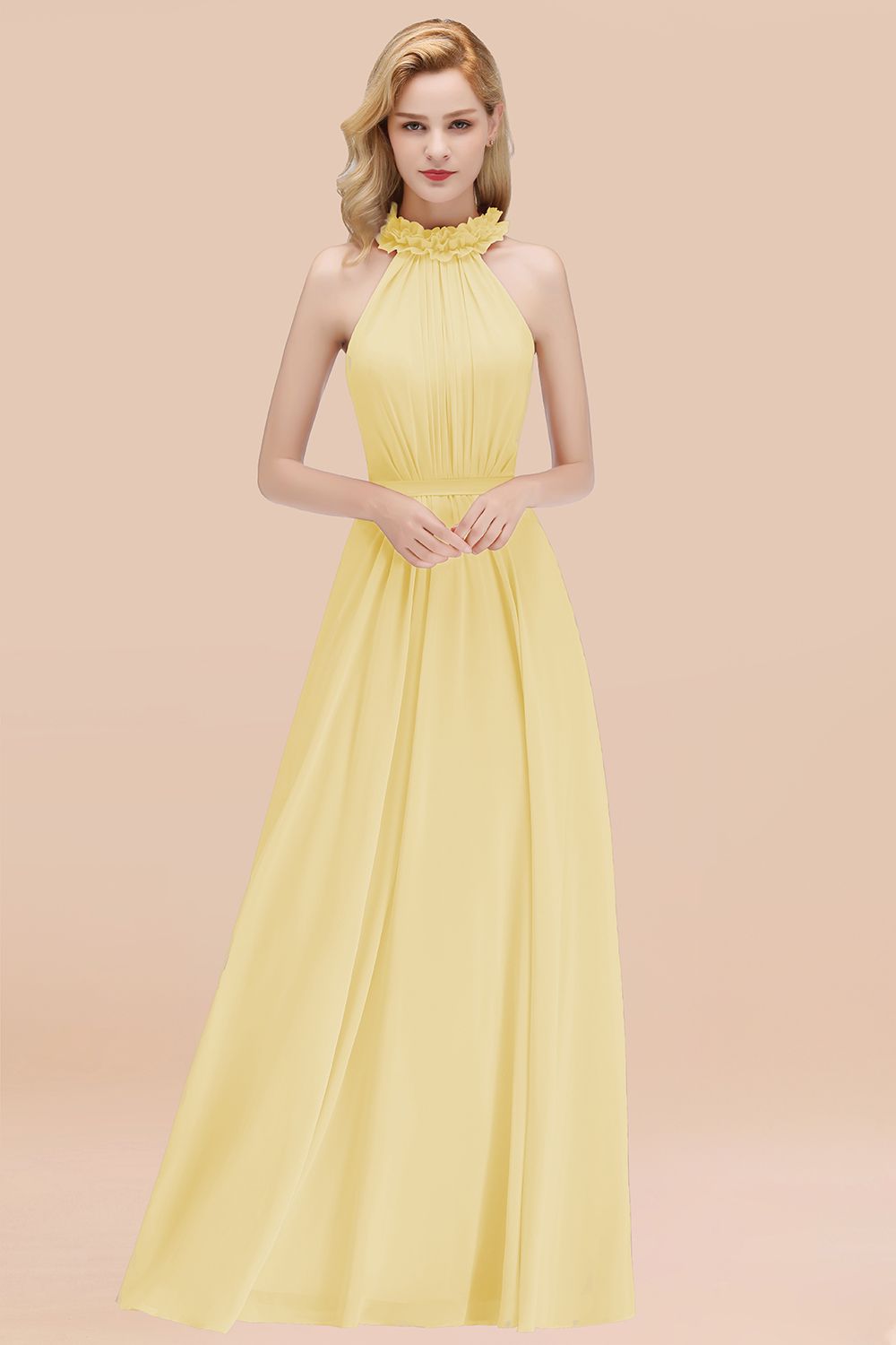 Yellow High Neck Chiffon A-Line Long Bridesmaid Dress