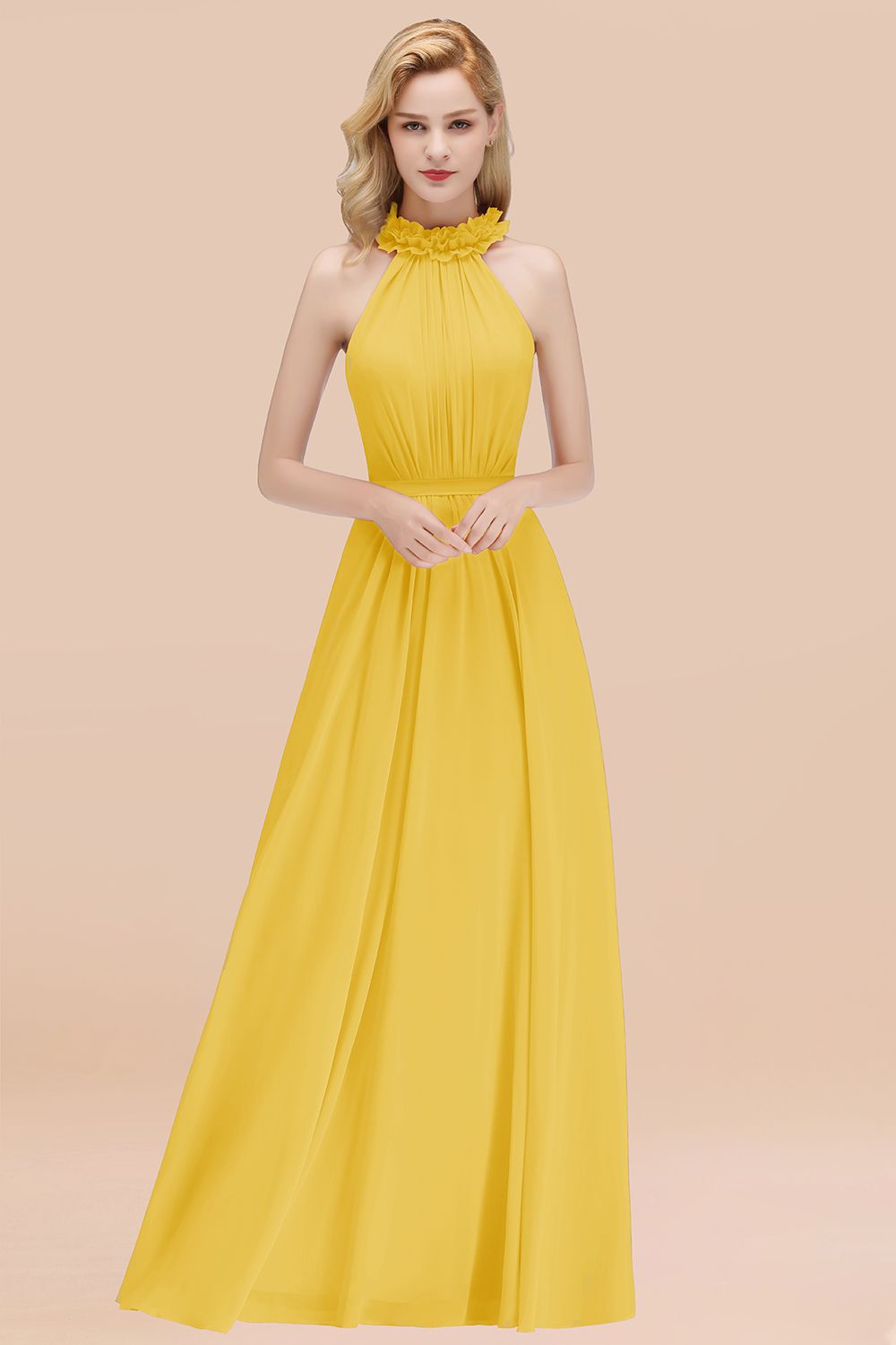Yellow High Neck Chiffon A-Line Long Bridesmaid Dress
