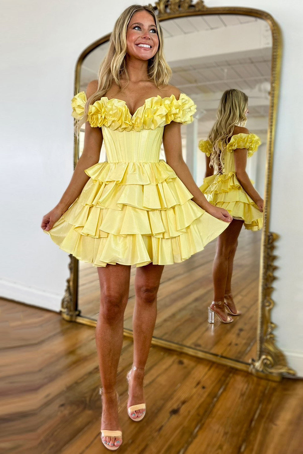 Yellow Off The Shoulder A-Line Homecoming Dress with Ruffles