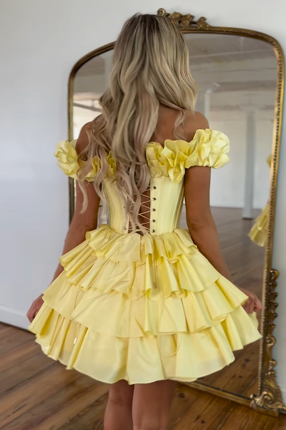 Yellow Off The Shoulder A-Line Homecoming Dress with Ruffles Back View