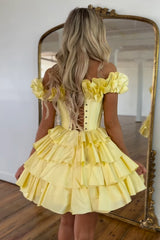 Yellow Off The Shoulder A-Line Homecoming Dress with Ruffles Back View