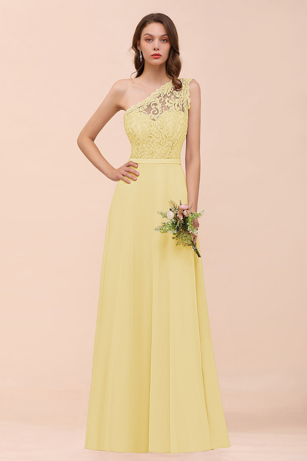 Yellow One Shoulder Chiffon A-Line Long Bridesmaid Dress