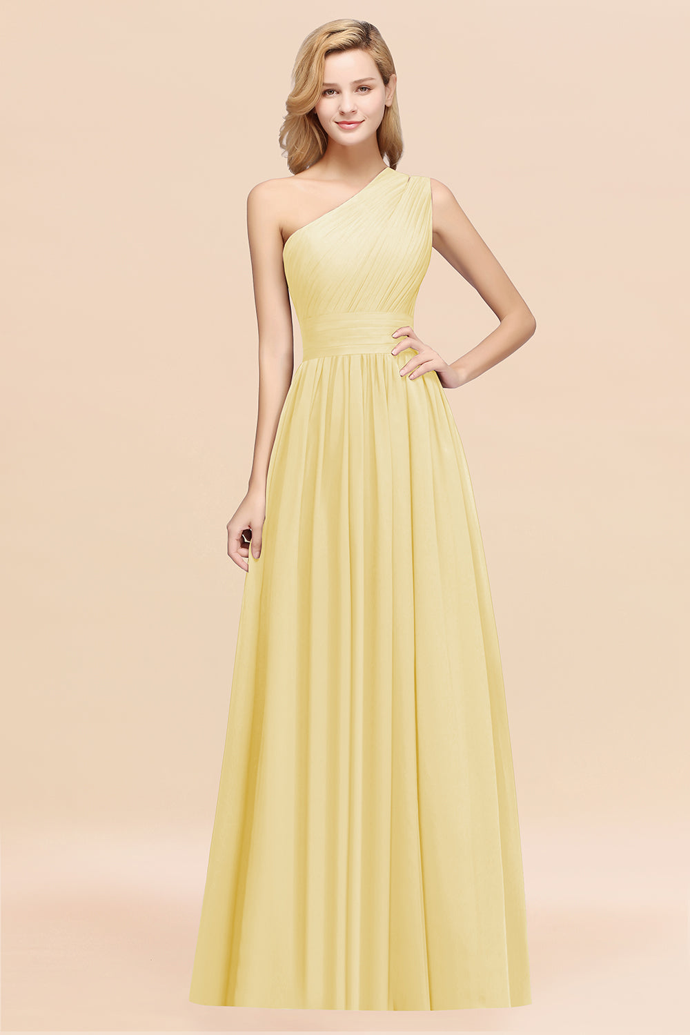 Yellow One Shoulder Chiffon A-Line Long Bridesmaid Dress