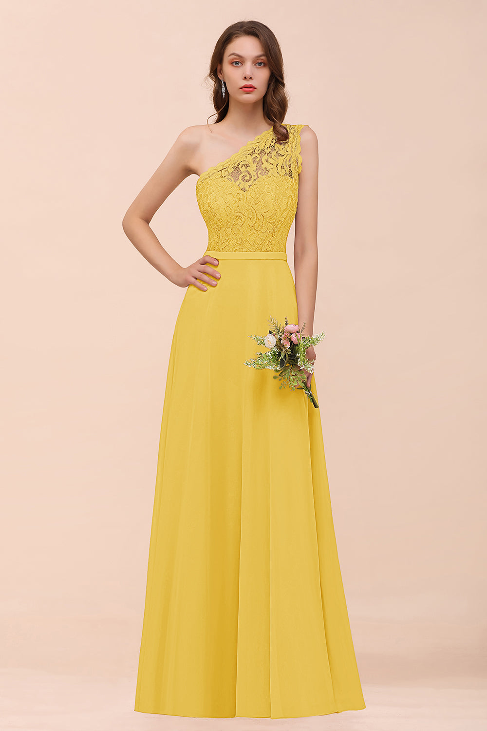 Yellow One Shoulder Chiffon A-Line Long Bridesmaid Dress