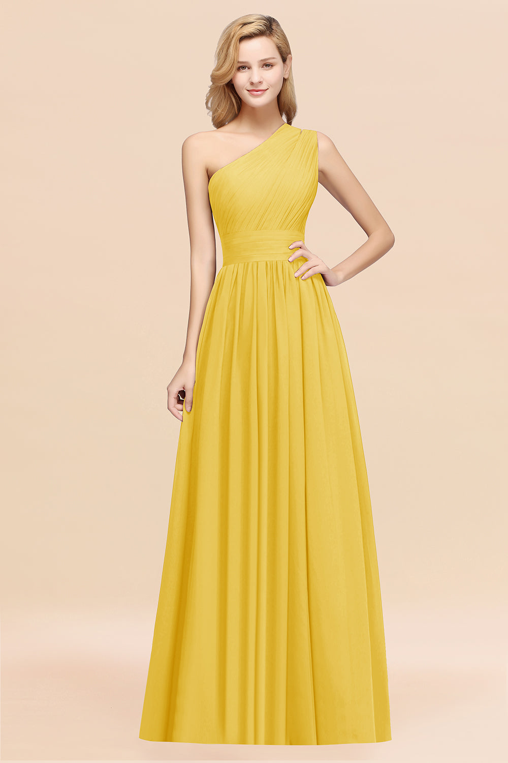 Yellow One Shoulder Chiffon A-Line Long Bridesmaid Dress